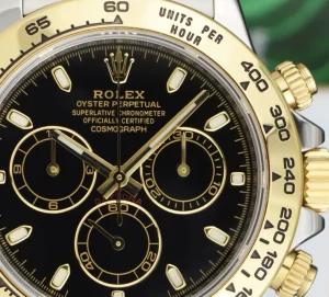 Racing Professional Watches | Sant Blanc 18kt Gold & Stainless Steel Daytona Black Index Dial Model 116503