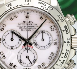 Racing Professional Watches | Sant Blanc 18kt White Gold Daytona Rose Mother of Pearl Arabic Dial Model 116509