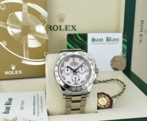 Racing Professional Watches | Sant Blanc 18kt White Gold Daytona Rose Mother of Pearl Arabic Dial Model 116509