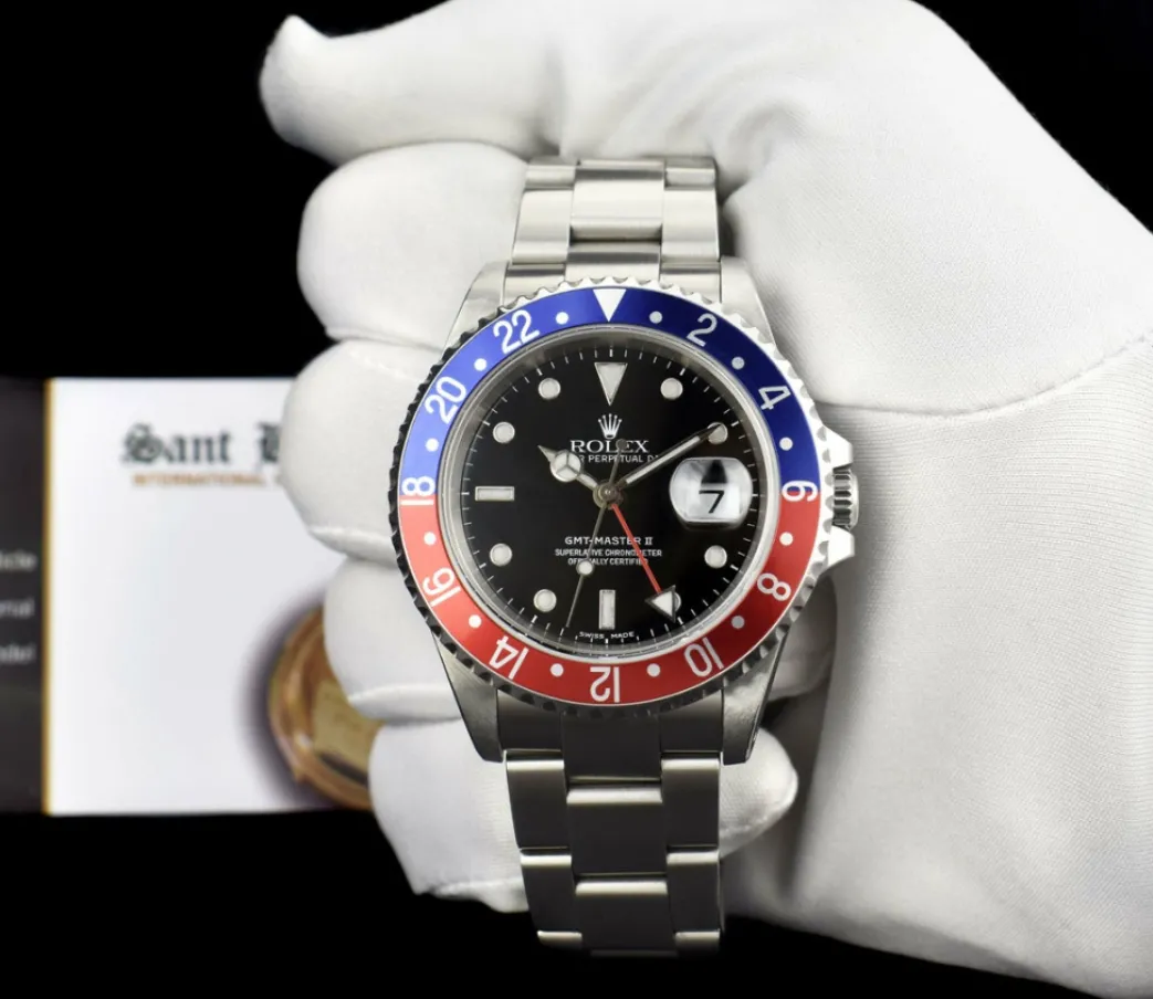 mens_stainless_steel_gmt__1.webp Pilots Professional Watches | Sant Blanc Mens Stainless Steel GMT Master II Pepsi Bezel SEL Model 16710