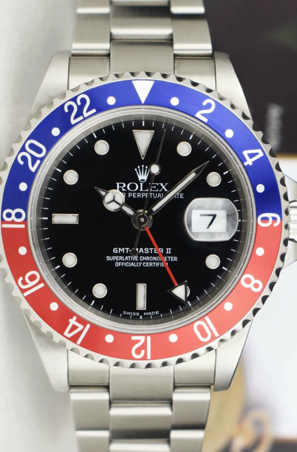 mens_stainless_steel_gmt__2.webp Pilots Professional Watches | Sant Blanc Mens Stainless Steel GMT Master II Pepsi Bezel SEL Model 16710