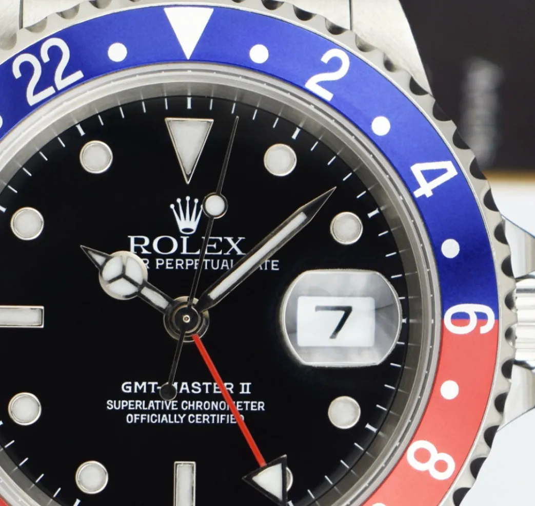 mens_stainless_steel_gmt__6.webp Pilots Professional Watches | Sant Blanc Mens Stainless Steel GMT Master II Pepsi Bezel SEL Model 16710