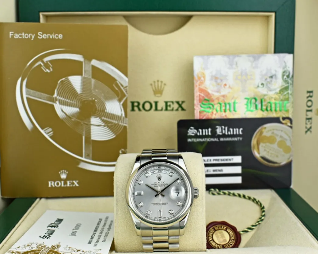 rolex__day_date__platinum_0.webp Men's Watches | President Dress Watches | Sant Blanc ROLEX - Day Date 36 Platinum President Silver Diamond Fat Buckle Model 118206