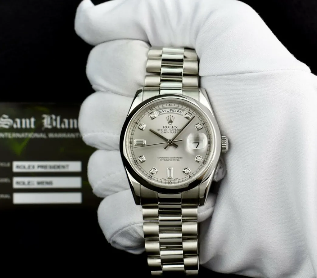 rolex__day_date__platinum_1.webp Men's Watches | President Dress Watches | Sant Blanc ROLEX - Day Date 36 Platinum President Silver Diamond Fat Buckle Model 118206