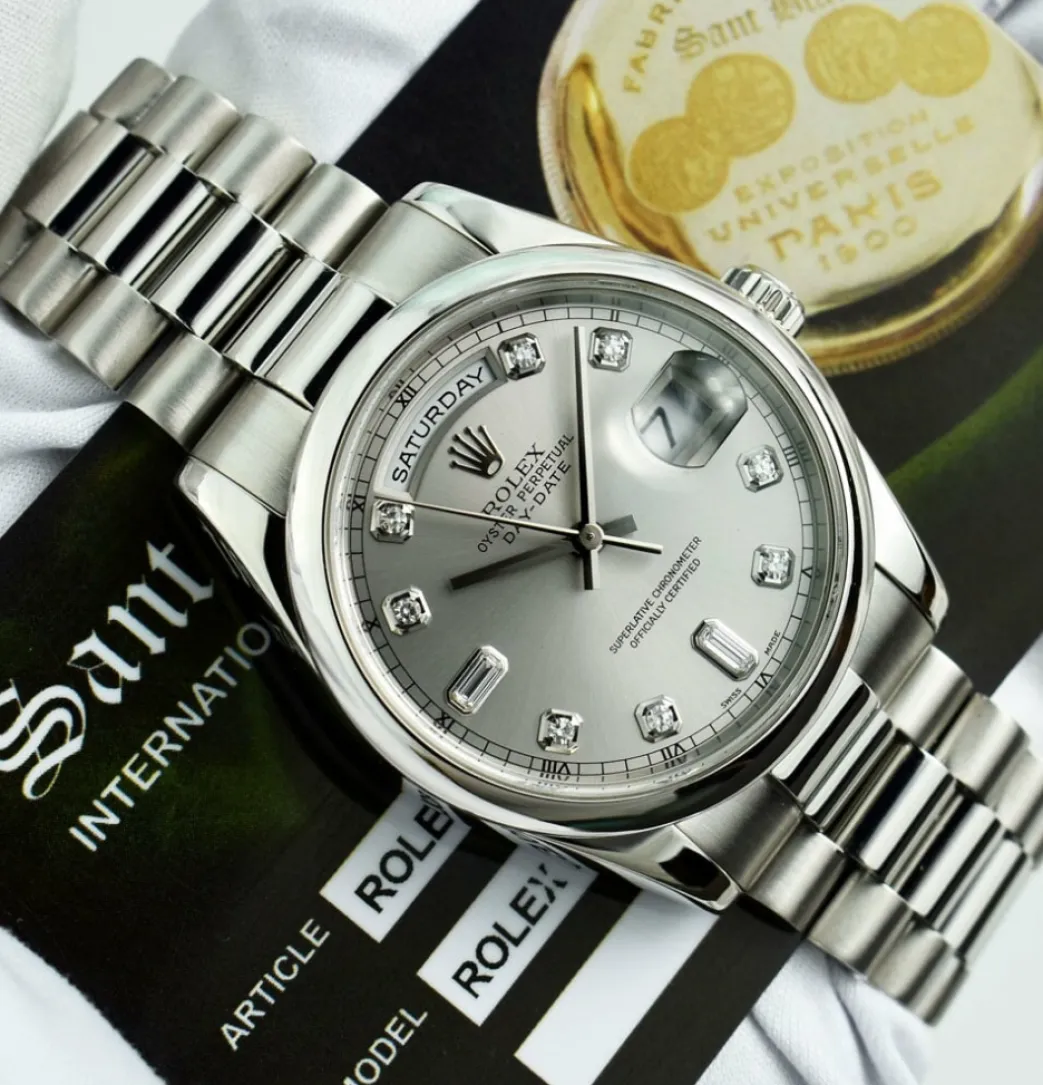 rolex__day_date__platinum_4.webp Men's Watches | President Dress Watches | Sant Blanc ROLEX - Day Date 36 Platinum President Silver Diamond Fat Buckle Model 118206