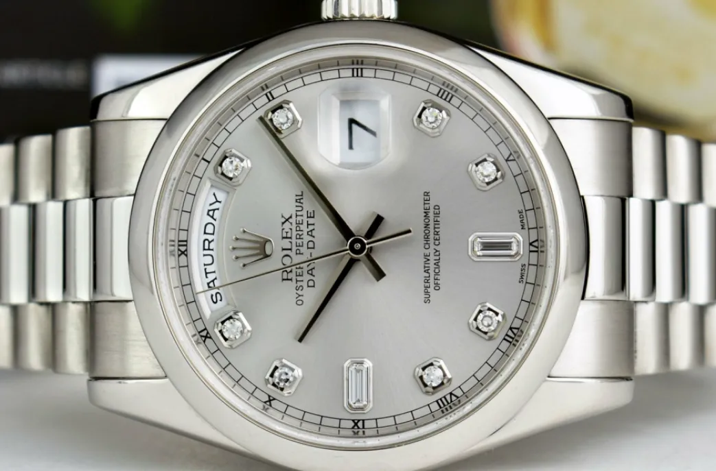 rolex__day_date__platinum_5.webp Men's Watches | President Dress Watches | Sant Blanc ROLEX - Day Date 36 Platinum President Silver Diamond Fat Buckle Model 118206