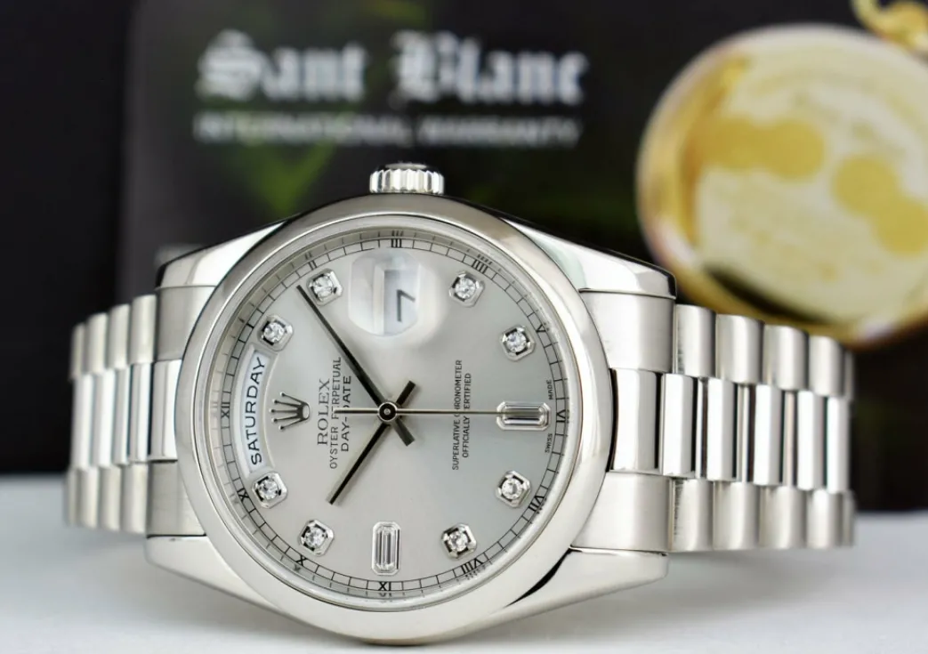 rolex__day_date__platinum_7.webp Men's Watches | President Dress Watches | Sant Blanc ROLEX - Day Date 36 Platinum President Silver Diamond Fat Buckle Model 118206