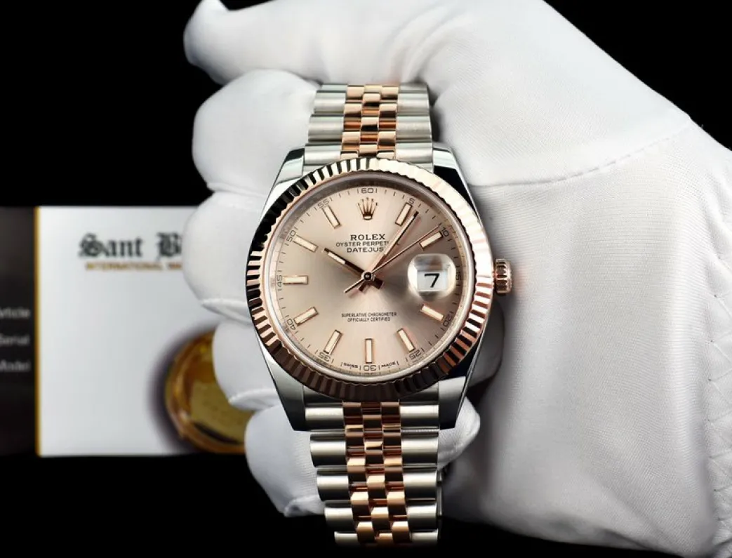 rolex__kt_rose_gold__stai_1.webp Dress Watches | Sant Blanc ROLEX 2018 18kt Rose Gold & Stainless Steel DateJust 41 Silver Sundust Index Dial Model 126331