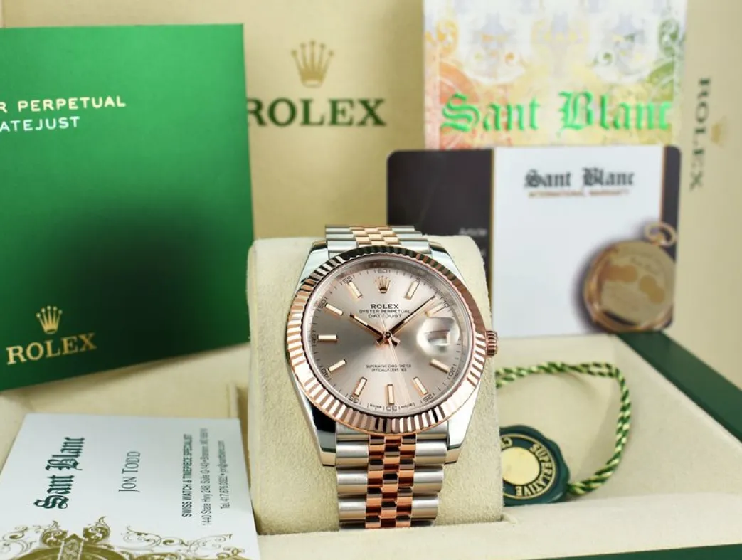 rolex__kt_rose_gold__stai_2.webp Dress Watches | Sant Blanc ROLEX 2018 18kt Rose Gold & Stainless Steel DateJust 41 Silver Sundust Index Dial Model 126331