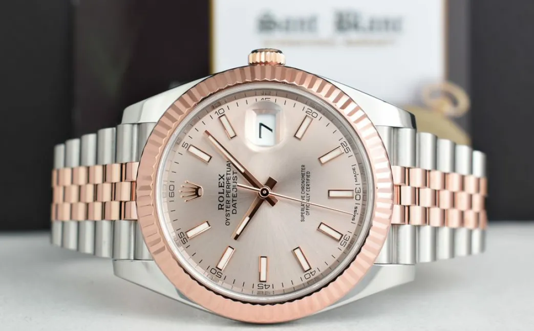 rolex__kt_rose_gold__stai_3.webp Dress Watches | Sant Blanc ROLEX 2018 18kt Rose Gold & Stainless Steel DateJust 41 Silver Sundust Index Dial Model 126331