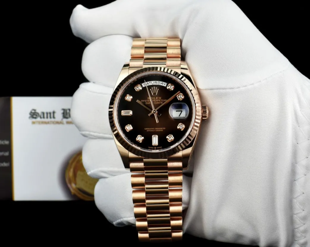 rolex__kt_rose_gold_day_d_1.webp Men's Watches | President Dress Watches | Sant Blanc ROLEX 2020 18kt Rose Gold Day Date 36 President Brown Ombre Diamond Dial Model 128235