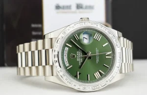 President Dress Watches | Sant Blanc ROLEX - 18kt White Gold Day Date 40 President Green Dial Custom Baguette Diamond Bezel Model 228239
