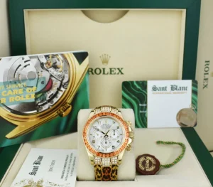 Racing Professional Watches | Sant Blanc ROLEX Gold Daytona Mother of Pearl Dial Custom Cognac Bezel Safari Strap Model 16518