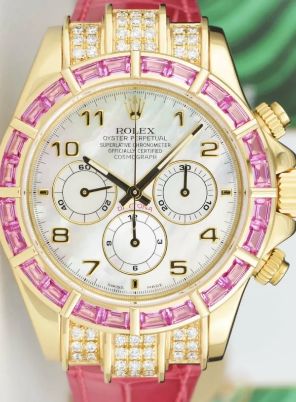 Racing Professional Watches | Sant Blanc ROLEX Gold Daytona Mother of Pearl Custom Pink Baguette Bezel Diamonds Model 16518