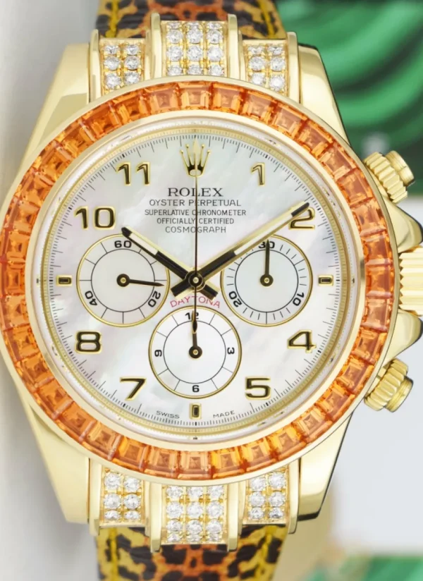 Racing Professional Watches | Sant Blanc ROLEX Gold Daytona Mother of Pearl Dial Custom Cognac Bezel Safari Strap Model 16518
