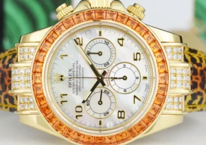 Racing Professional Watches | Sant Blanc ROLEX Gold Daytona Mother of Pearl Dial Custom Cognac Bezel Safari Strap Model 16518