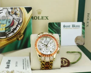 Racing Professional Watches | Sant Blanc ROLEX Gold Daytona Mother of Pearl Dial Custom Cognac Bezel Safari Strap Model 16518
