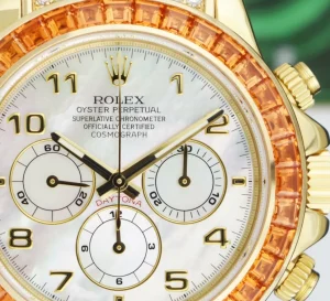 Racing Professional Watches | Sant Blanc ROLEX Gold Daytona Mother of Pearl Dial Custom Cognac Bezel Safari Strap Model 16518