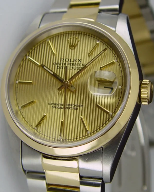 Men's Watches | Dress Watches | Sant Blanc ROLEX 18kt Gold & Stainless Steel DateJust Champagne Tapestry Stick Dial Model 16203