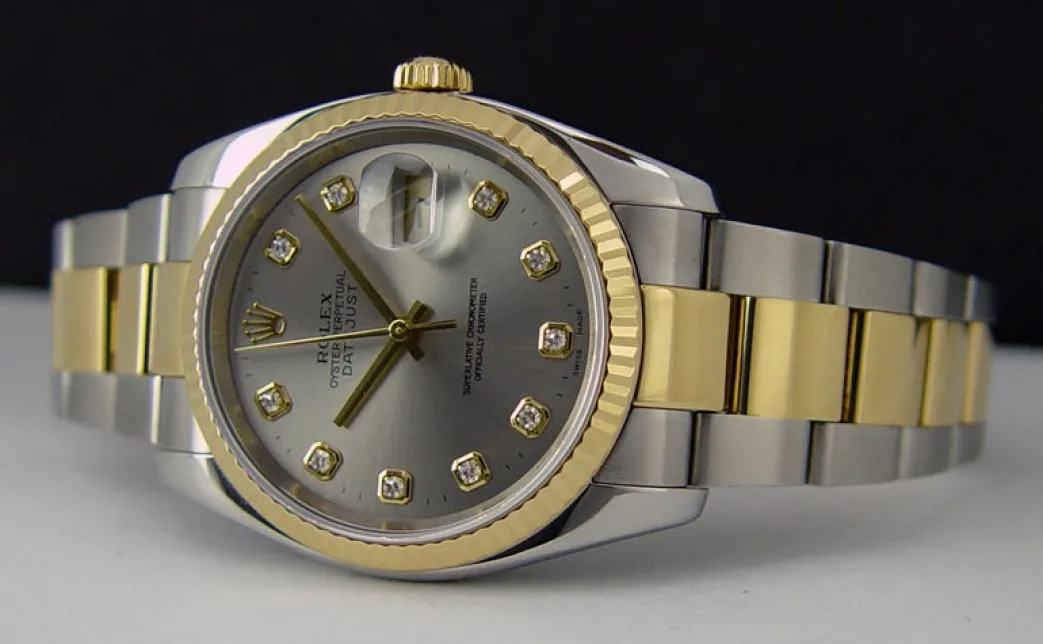 rolex_kt_gold__stainless__1-13.webp Men's Watches | Dress Watches | Sant Blanc ROLEX 18kt Gold & Stainless Steel 36mm DateJust Silver Diamond Model 116233