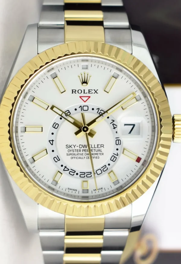 Pilots Professional Watches | Sant Blanc ROLEX 18kt Gold & Stainless Steel Sky Dweller White Ivory Index Dial Model 326933