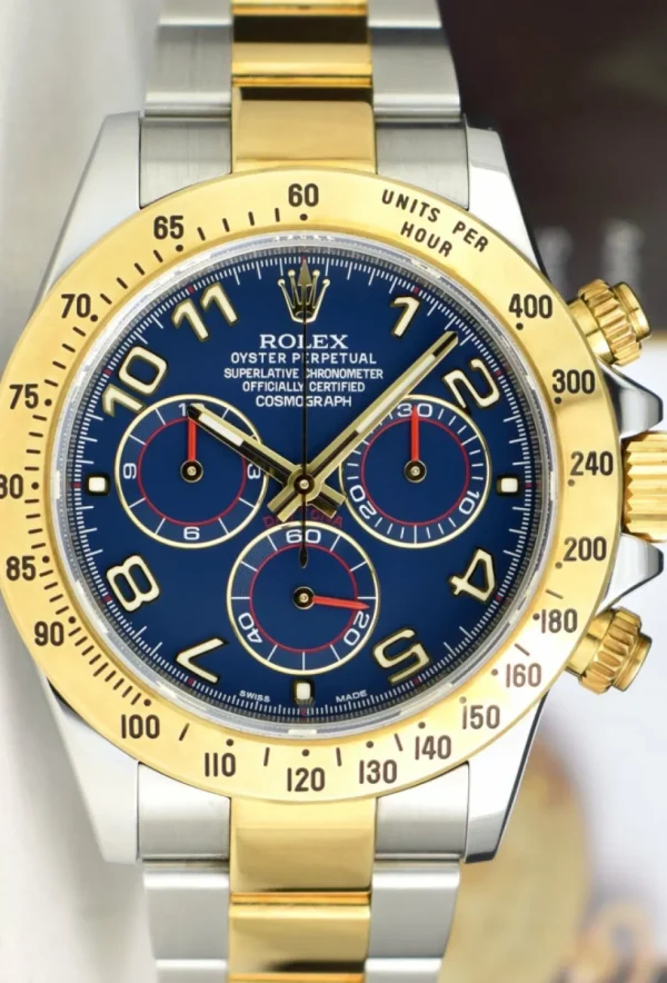 Sports Watches | Men's Watches | Sant Blanc ROLEX 18kt Gold & Stainless Daytona Blue Arabic Dial Fat Buckle Model 116523