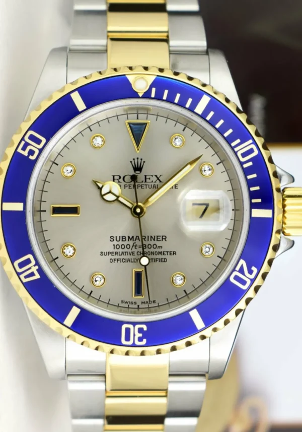 Sports Watches | Men's Watches | Sant Blanc ROLEX 18kt Gold & Stainless Steel Submariner Silver Serti Diamond Dial SEL Model 16613