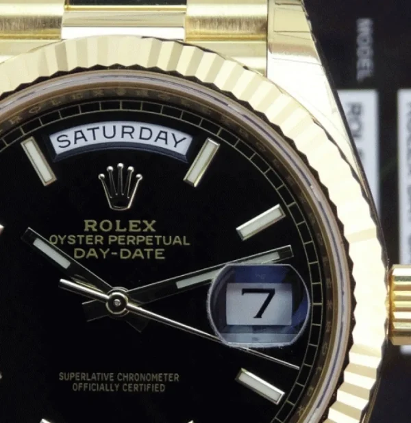 Men's Watches | President Dress Watches | Sant Blanc Rolex 18kt Gold DayDate 40 Black Diagonal Motif Model 228238