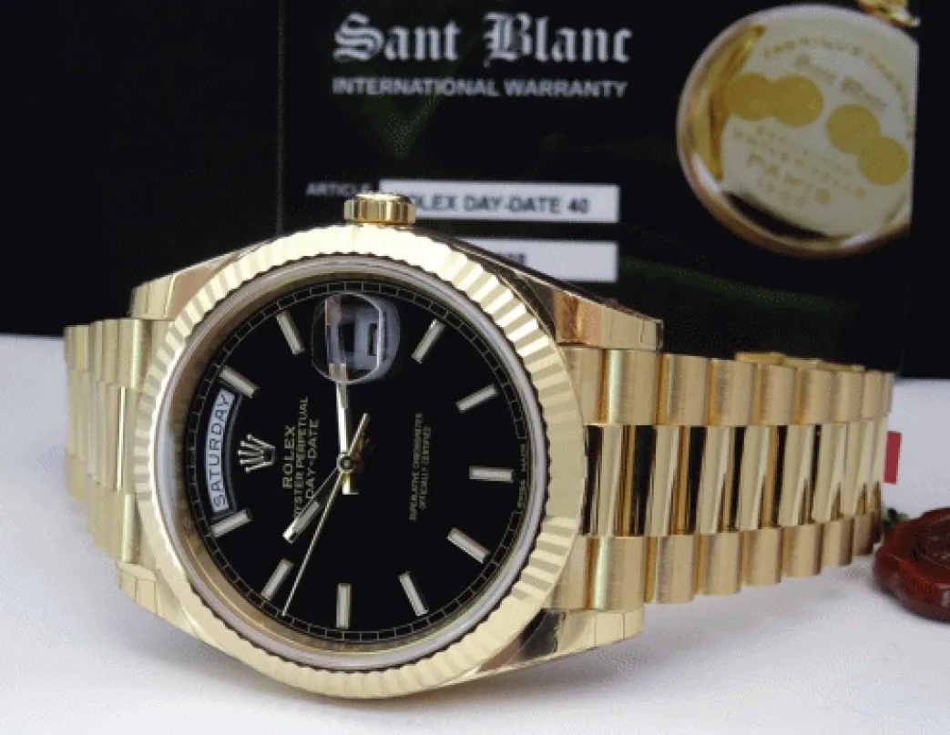 rolex_kt_gold_daydate__bl_5.webp Men's Watches | President Dress Watches | Sant Blanc Rolex 18kt Gold DayDate 40 Black Diagonal Motif Model 228238