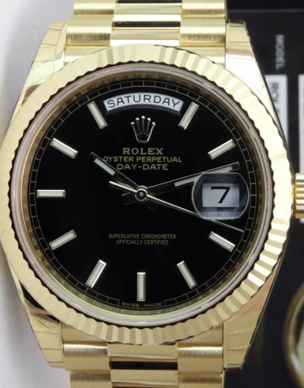 Men's Watches | President Dress Watches | Sant Blanc Rolex 18kt Gold DayDate 40 Black Diagonal Motif Model 228238
