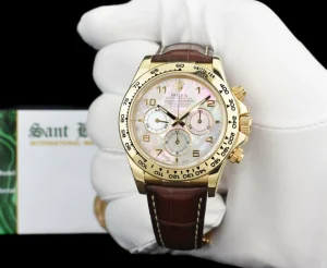 Racing Professional Watches | Sant Blanc ROLEX 18kt Gold Daytona Brown Leather Strap Mother of Pearl Arabic Dial Model 16518