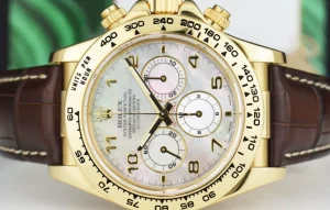 Racing Professional Watches | Sant Blanc ROLEX 18kt Gold Daytona Brown Leather Strap Mother of Pearl Arabic Dial Model 16518