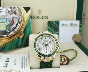 Racing Professional Watches | Sant Blanc ROLEX 18kt Gold Daytona MOP Arabic Dial Custom Green Baguette Bezel Diamond End PiecesModel 16518