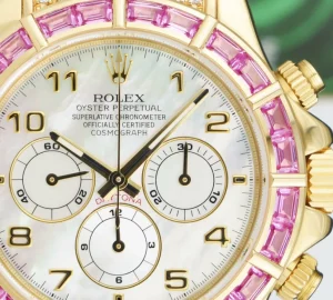 Racing Professional Watches | Sant Blanc ROLEX 18kt Gold Daytona MOP Arabic Dial Custom Pink Baguette Bezel Diamond End Pieces Model 16518