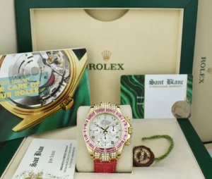 Racing Professional Watches | Sant Blanc ROLEX 18kt Gold Daytona Mother of Pearl with Arabic Dial Custom Pink Baguette Bezel Model 16518