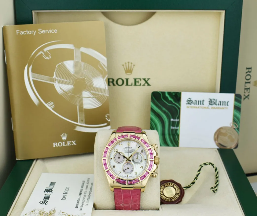 rolex_kt_gold_daytona_mot_0-2.webp Racing Professional Watches | Sant Blanc ROLEX 18kt Gold Daytona Mother of Pearl Dial Custom Bezel Pink Croc Strap Model 116518