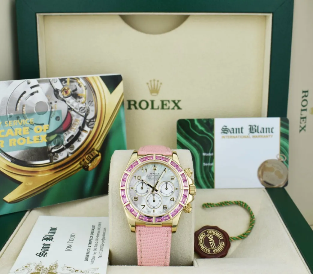 rolex_kt_gold_daytona_mot_0.webp Racing Professional Watches | Sant Blanc ROLEX 18kt Gold Daytona Mother of Pearl Arabic Custom Bezel Lizard Strap Model 16518