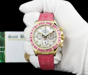 Racing Professional Watches | Sant Blanc ROLEX 18kt Gold Daytona Mother of Pearl Dial Custom Bezel Pink Croc Strap Model 116518