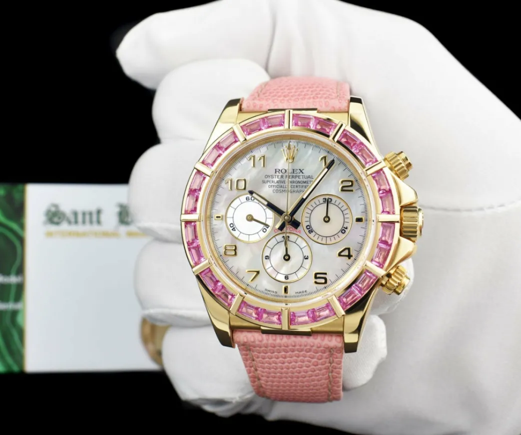 rolex_kt_gold_daytona_mot_1.webp Racing Professional Watches | Sant Blanc ROLEX 18kt Gold Daytona Mother of Pearl Arabic Custom Bezel Lizard Strap Model 16518