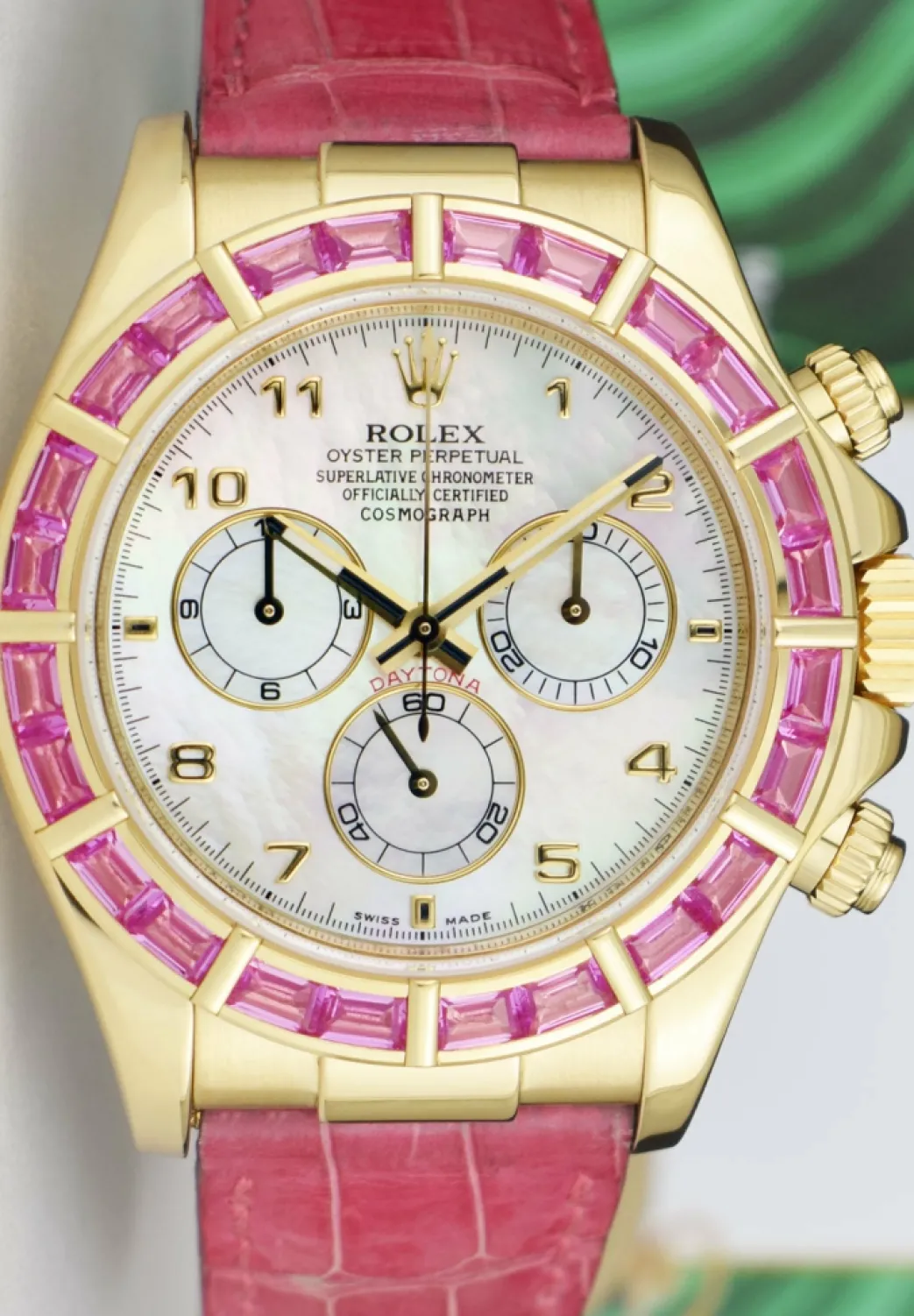 rolex_kt_gold_daytona_mot_2-2.webp Racing Professional Watches | Sant Blanc ROLEX 18kt Gold Daytona Mother of Pearl Dial Custom Bezel Pink Croc Strap Model 116518