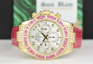 Racing Professional Watches | Sant Blanc ROLEX 18kt Gold Daytona Mother of Pearl with Arabic Dial Custom Pink Baguette Bezel Model 16518