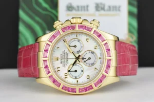 Racing Professional Watches | Sant Blanc ROLEX 18kt Gold Daytona Mother of Pearl Dial Custom Bezel Pink Croc Strap Model 116518