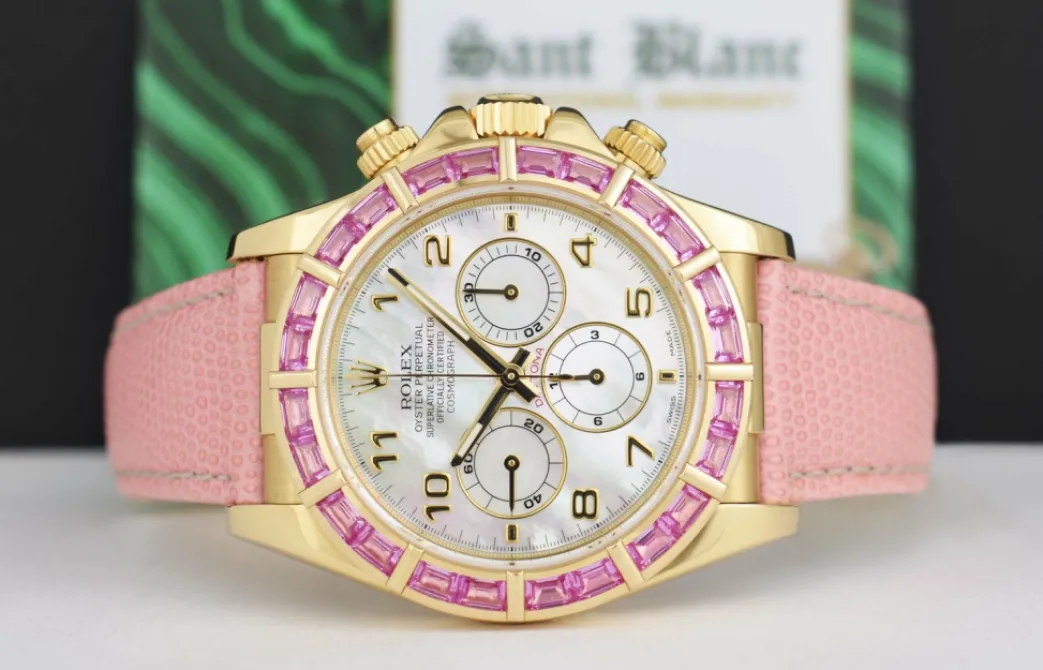 rolex_kt_gold_daytona_mot_3.webp Racing Professional Watches | Sant Blanc ROLEX 18kt Gold Daytona Mother of Pearl Arabic Custom Bezel Lizard Strap Model 16518