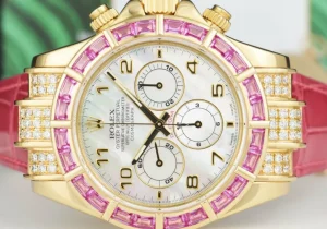 Racing Professional Watches | Sant Blanc ROLEX 18kt Gold Daytona Mother of Pearl with Arabic Dial Custom Pink Baguette Bezel Model 16518