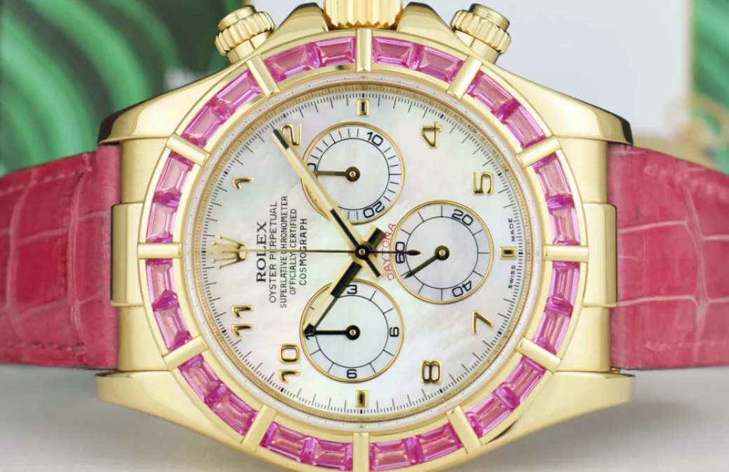 rolex_kt_gold_daytona_mot_5-2.webp Racing Professional Watches | Sant Blanc ROLEX 18kt Gold Daytona Mother of Pearl Dial Custom Bezel Pink Croc Strap Model 116518