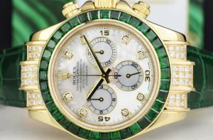 Racing Professional Watches | Sant Blanc ROLEX 18kt Gold Daytona Mother of Pearl Dial Custom Bezel Green Strap Model 116518