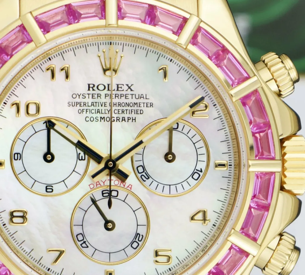 rolex_kt_gold_daytona_mot_6-2.webp Racing Professional Watches | Sant Blanc ROLEX 18kt Gold Daytona Mother of Pearl Dial Custom Bezel Pink Croc Strap Model 116518