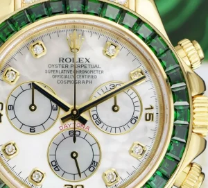 Racing Professional Watches | Sant Blanc ROLEX 18kt Gold Daytona Mother of Pearl Dial Custom Bezel Green Strap Model 116518