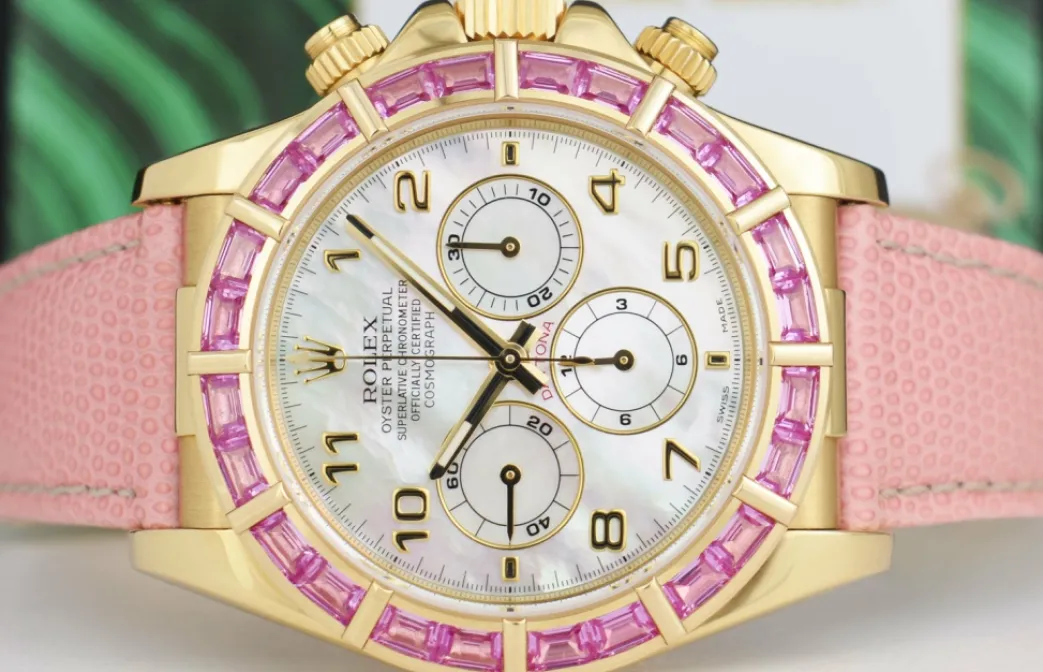 rolex_kt_gold_daytona_mot_6.webp Racing Professional Watches | Sant Blanc ROLEX 18kt Gold Daytona Mother of Pearl Arabic Custom Bezel Lizard Strap Model 16518