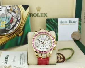 Racing Professional Watches | Sant Blanc ROLEX 18kt Gold Daytona Mother of Pearl with Arabic Dial Custom Pink Baguette Bezel Model 16518